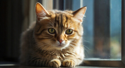 Obraz premium Tabby cat sitting by window in sunlight. Close up of brown and orange tabby cat indoors. Relaxed tabby cat with red nose near sunny window.