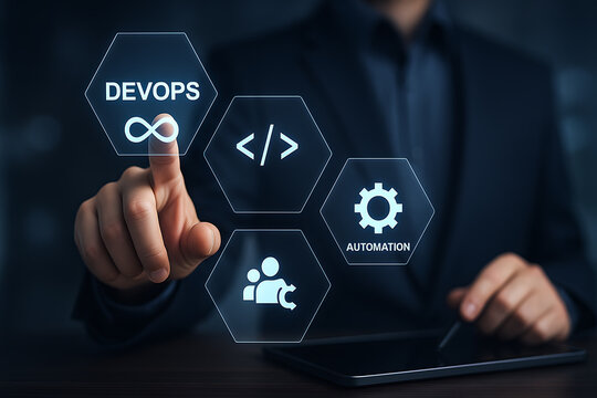 Futuristic digital transformation with DevOps automation hologram representing collaboration scalability and innovation