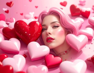 Serene model surrounded by floating pink and red hearts symbolizing love