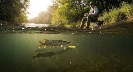  Fisherman catching a pike in a freshwater river, showing the angler above the water and the predator fish approaching a lure underwater.