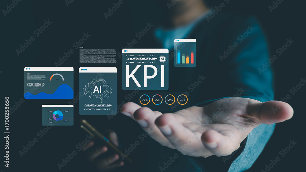 Fototapete a person holds out a hand, presenting virtual interfaces with kpi data, ai brain icons, and charts, 