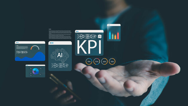 A person holds out a hand, presenting virtual interfaces with KPI data, AI brain icons, and charts, visualizing business intelligence and performance analytics on a dark background.
