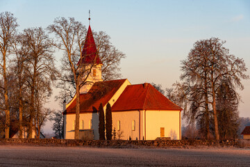  wonderful small rural church in morning light, sunrise in nature, Rubene church, Latvia
