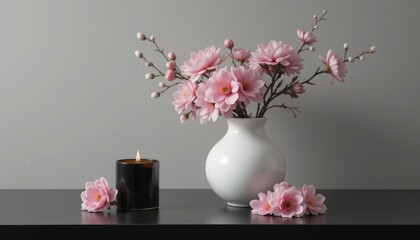 Calm Minimalist Still Life with White Vase of Pink Blossoms and Black Candle