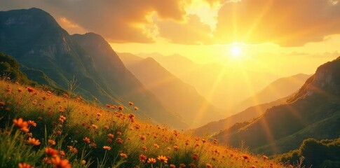 A serene landscape bathed in golden sunlight, evoking a sense of spiritual peace and connection with the divine  Perfect for meditation, yoga, faith, and religious themes ,  faith,  golden hour