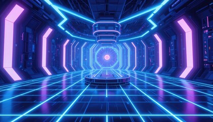 A futuristic neon-lit virtual reality arena featuring blue and purple holographic displays and glowing grid lines