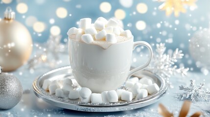 Festive hot chocolate in white mug with marshmallows on silver tray amid winter decor