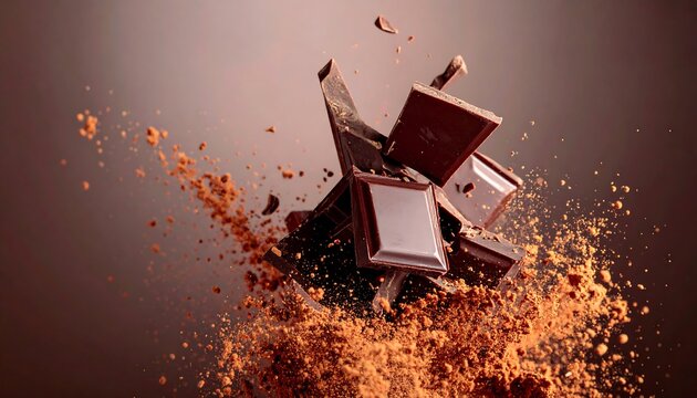 Dark chocolate pieces exploding in cocoa powder