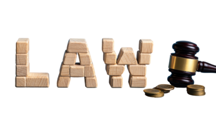 The word "LAW" constructed from wooden blocks, with a judge's gavel and coins