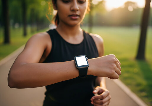 Woman runner checking smartwatch in park