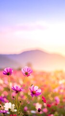 A vibrant field of cosmos flowers blossoms under a beautiful pastel sunset, showcasing a range of pinks and whites against a hazy mountain backdrop.