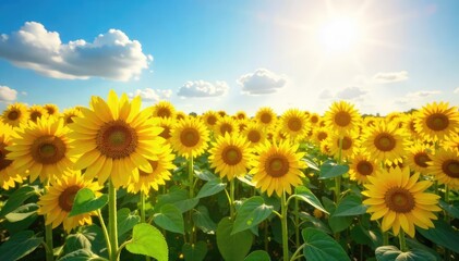 Obraz premium A vibrant yellow field of sunflowers stretches towards a bright, hopeful sky, conveying optimism and summer joy The image evokes feelings of warmth, positivity, and renewal , bright, peace