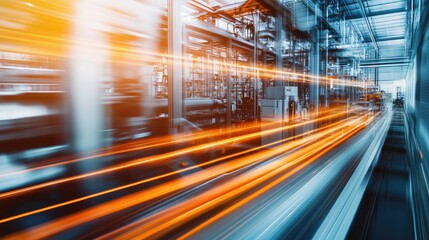 Futuristic industrial factory interior with speed light trails symbolizing automation efficiency and smart manufacturing for technology innovation and digital transformation concepts