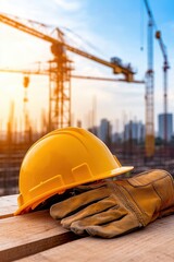 A construction site featuring a yellow hard hat and gloves, with cranes and a city skyline in the background during sunset.