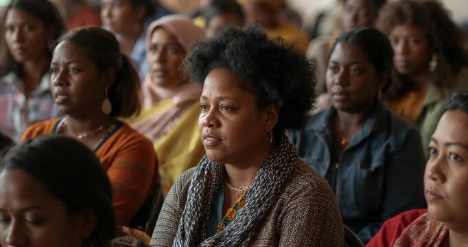 Blinking woman with curly hair closing eyes for reflection in meeting room, with patterned scarf
