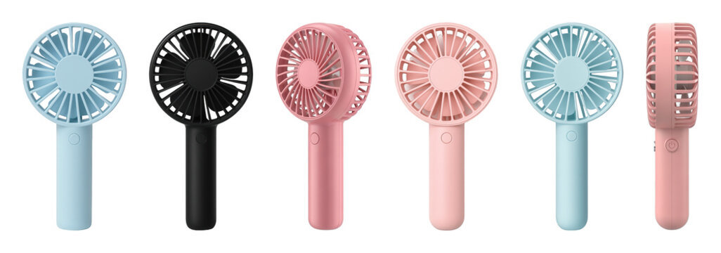Portable handheld fan set including light blue, black, and pink colors in front and side views isolated. Summer personal cooling accessory.