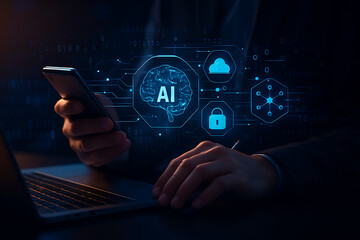Professional using laptop and smartphone with artificial intelligence hologram icons representing cloud data and security
