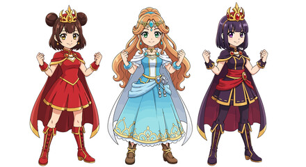 Character design set of three powerful anime-style princess warriors in vibrant royal fantasy costumes