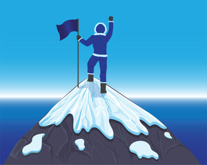 Vector design of a natural landscape of an iceberg peak and blue sky and sea and there is a man wearing a warm thick coat standing on the peak while waving a blue flag