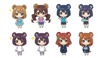A charming character design collection of eight adorable chibi anime girls with bear ears and different outfits