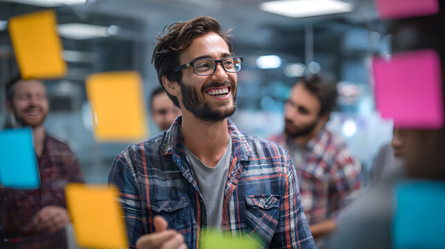 Innovative business brainstorming session with smiling man planning strategy using sticky notes in modern office collaborative workspace showing teamwork for diverse team project - Powered by Adobe