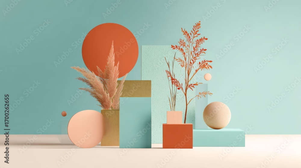 Aufkleber abstract minimalist presentation in mint and peach colors featuring geometric shapes and botanical e