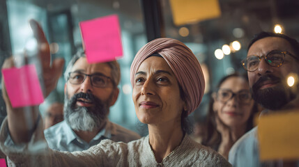 Diverse team collaborating on glass wall using sticky notes for business strategy planning and idea generation in a creative office environment showcasing teamwork and innovation