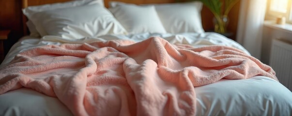 Cozy and warm fleece sleeping blanket draped over a bed, ready for a restful night's sleep Soft texture and comforting colors create a peaceful atmosphere , textile, sleep well