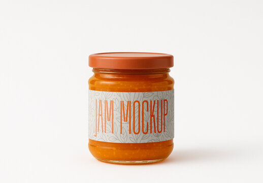 Glass Jar Jam Packaging with Orange Lid Food Branding Mockup