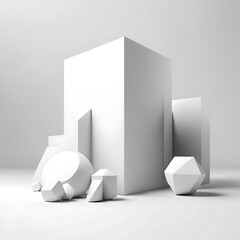 Minimalist abstract composition of white geometric shapes and organic forms on a clean background