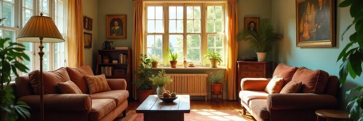 Cozy, sunlit living room in an older home, featuring vintage furniture and warm, inviting atmosphere  Perfect for real estate, home decor, or lifestyle blogs ,  sunlit,  interior,  homey
