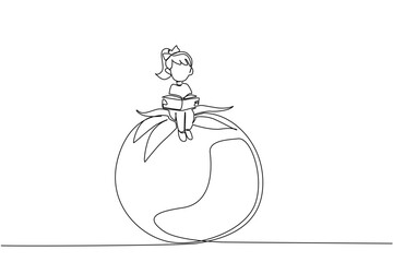 Continuous one line drawing young girl reading on tomato. Lose concentration in reading. Focus on fresh fruit. Girl Reading Book at Vegetables and Fruits. Single line draw design vector illustration