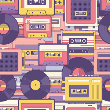 Retro audio equipment pattern with cassettes and vinyl records design, patern seamless, royalty stock.