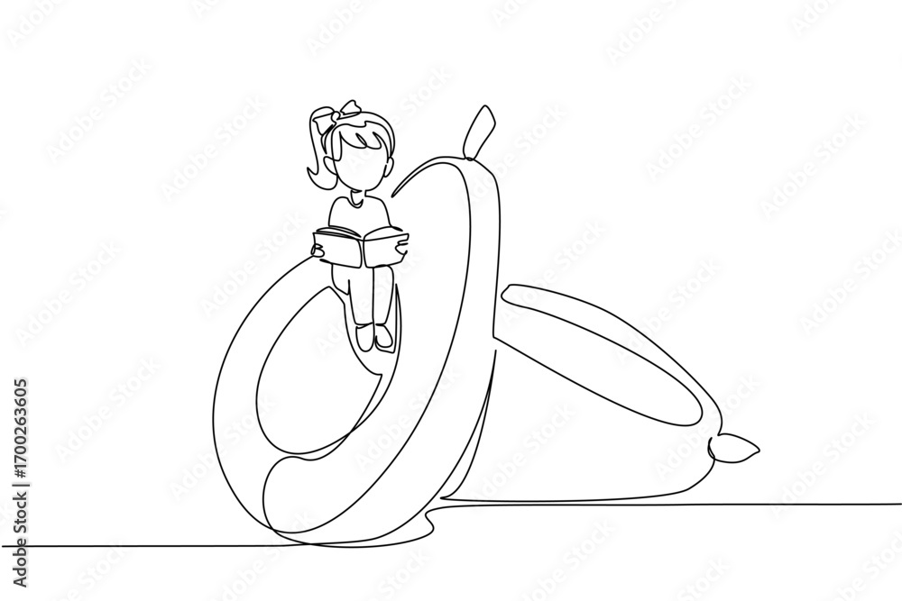 Poster continuous one line drawing girl reading on a cored avocado. read carefully before processing avocad
