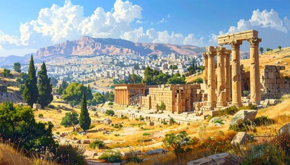 Naklejka premium A scenic vista of ancient ruins, bathed in sunlight, showcases a historical site amidst a backdrop of mountains and a city.