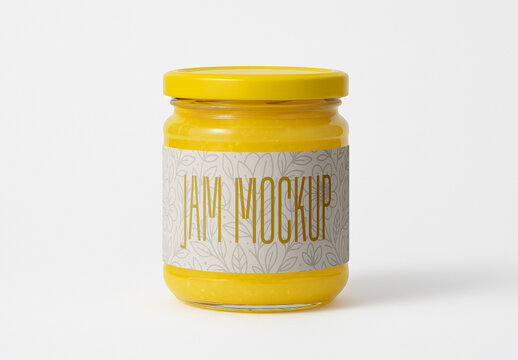 Glass Jar Jam Packaging with Yellow Lid Food Branding Mockup