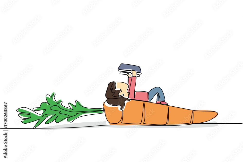 Poster single one line drawing young girl reading on carrot with leaves. bad example of reading while sleep