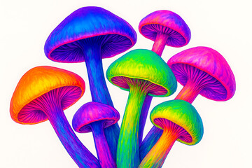 Colorful psychedelic mushrooms illustration with glowing neon shades of blue pink purple and green on white background