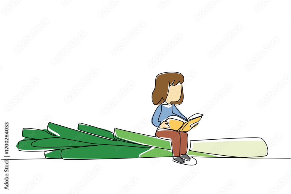 Poster continuous one line drawing girl reading on leek. read the recipe on the best processing for spring 