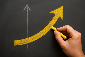 Comparison of business strategies with chalk arrows showing upward yellow growth against straight gray line on blackboard background