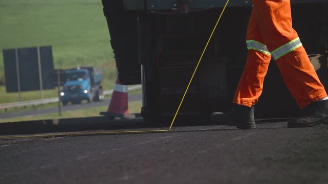 Workers Operating Machinery Applying Asphalt on Road Construction