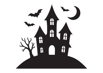 halloween hunted house logo silhouette vector, hunted house silhouette vector art illustration, black haunted house , haunted house full moon night logo silhouettes vector on white background. 