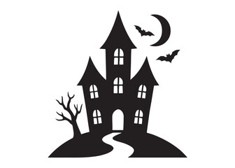 halloween hunted house logo silhouette vector, hunted house silhouette vector art illustration, black haunted house , haunted house full moon night logo silhouettes vector on white background. 