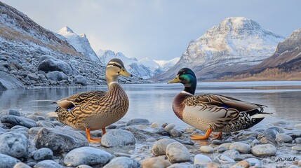 Two ducks by frozen lake, snowy mountains in background