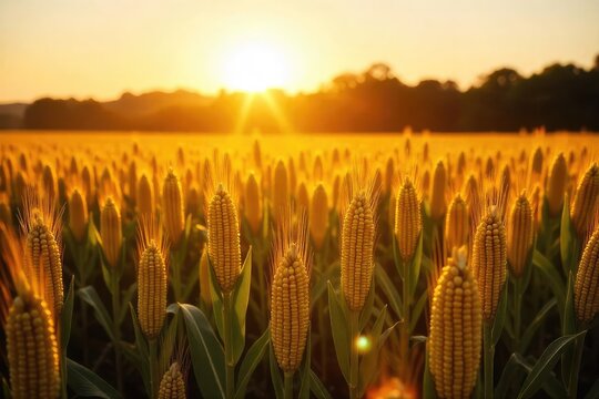 Golden hour sunlight bathes a vast cornfield, stalks heavy with ripe ears, ready for harvest The scene evokes abundance and the culmination of agricultural labor , stalks, golden