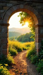 Golden hour sunlight streams through a rustic archway, leading to a vibrant summer landscape Perfect for travel, vacation, or summer themed projects , gateway, outdoors, summer holiday
