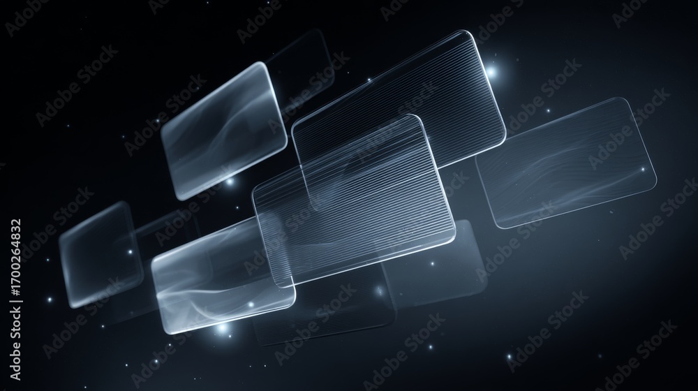 Poster futuristic glassmorphism design with floating transparent panels in a dark space