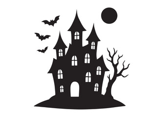 halloween hunted house logo silhouette vector, hunted house silhouette vector art illustration, black haunted house , haunted house full moon night logo silhouettes vector on white background. 