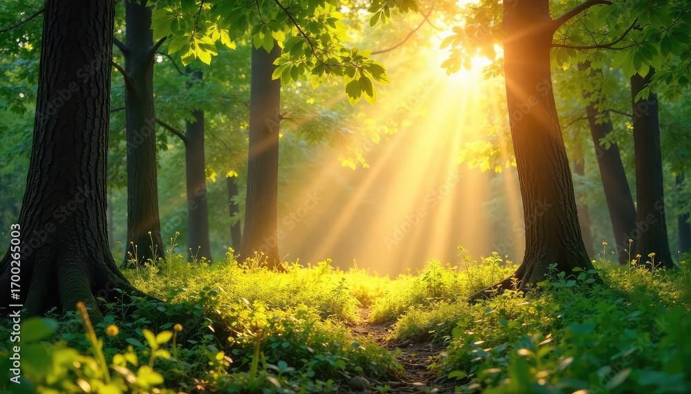 Poster golden sunlight streams through leaves, creating a dappled, bright pattern on the forest floor perfe