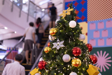 Several Christmas trees adorned with ornaments and lights brighten the evening atmosphere of a festive event shop inviting people to gather and celebrate